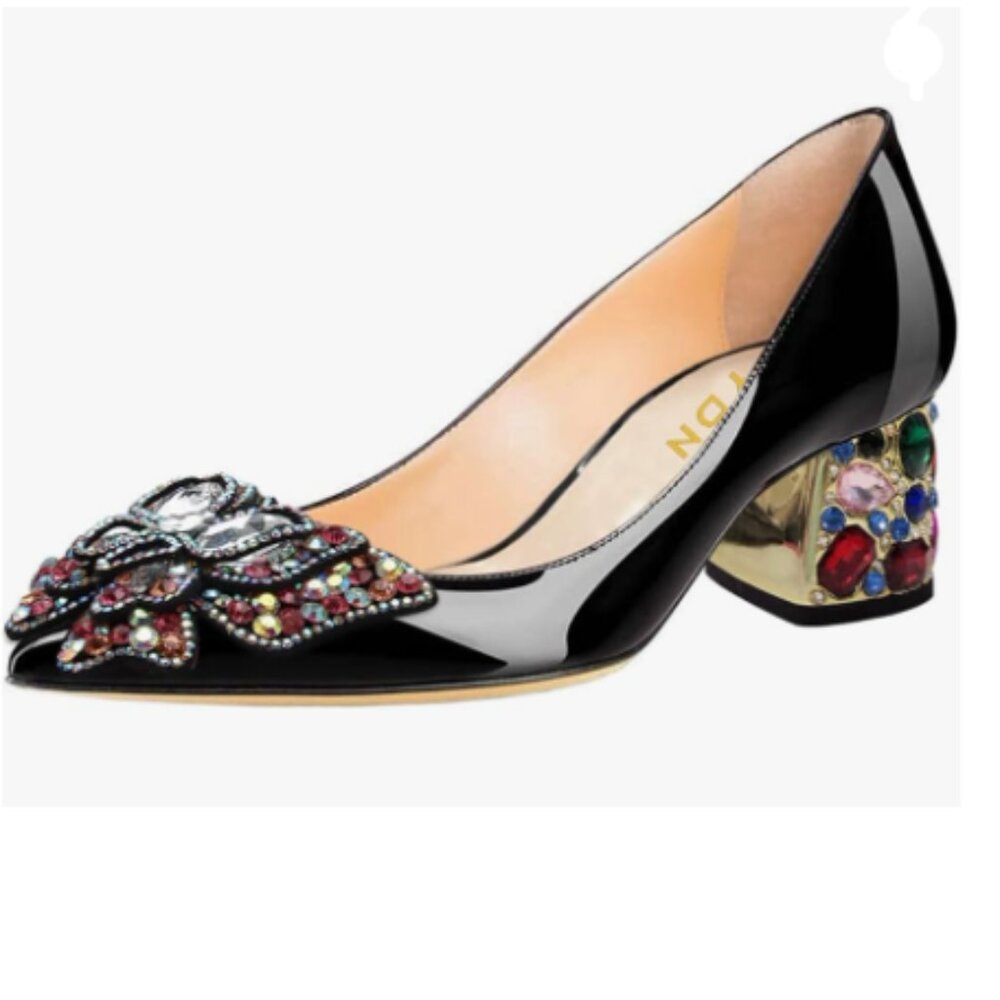 Embellished Black Patent Leather Block Heel Pump